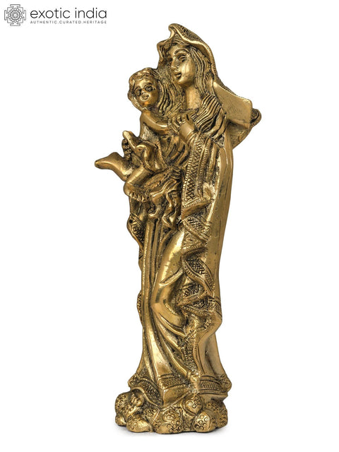 7" Mother Mary with Baby Jesus Brass Statue | Handmade | Made in India