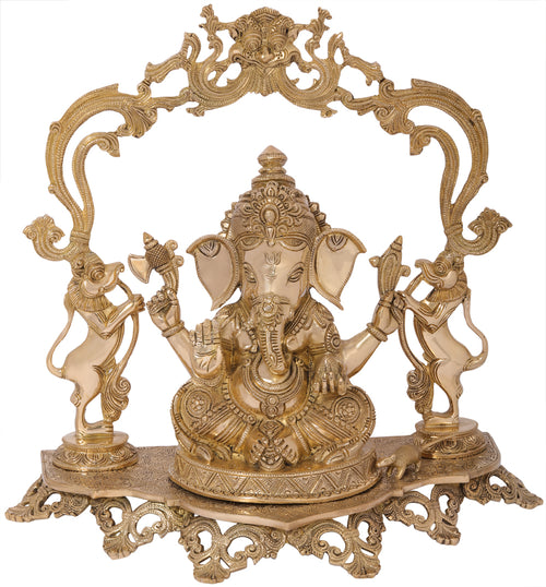 17" Handmade Bejewelled Ganesha on Yali Throne Brass Statue