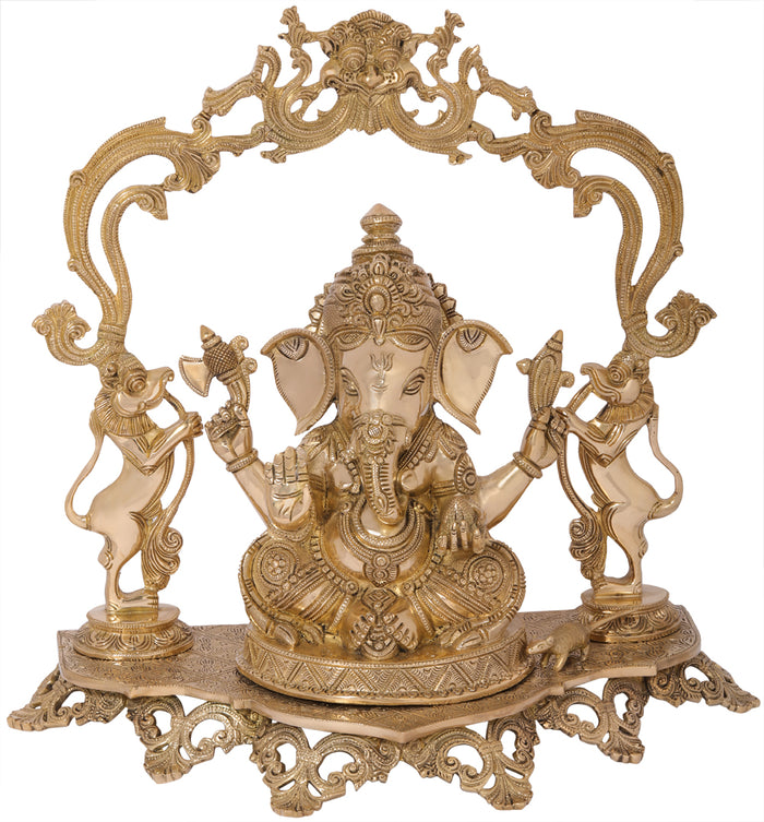17" Handmade Bejewelled Ganesha on Yali Throne Brass Statue