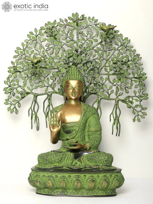 Lord Buddha Under Bodhi Tree Brass Statue Spiritual Enlightenment