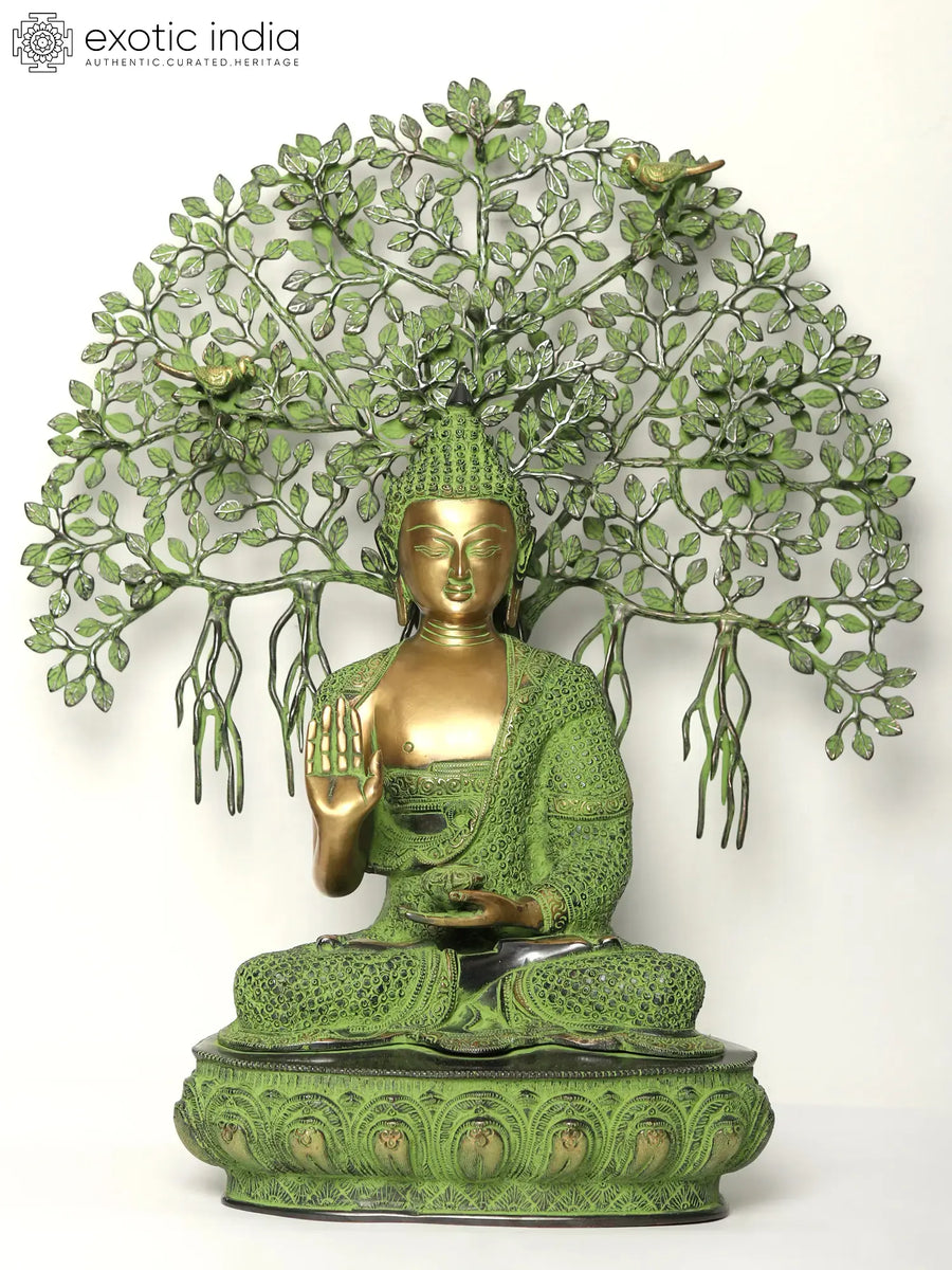 Lord Buddha Under Bodhi Tree Brass Statue Spiritual Enlightenment