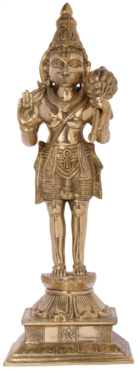 24" Brass Blessing Hanuman Idol Standing on a Tall Lotus Pedestal | Handmade Fine Quality Statue
