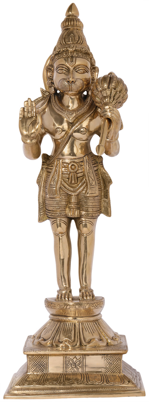 24" Brass Hanuman Blessing Idol on Lotus Pedestal Handmade Statue