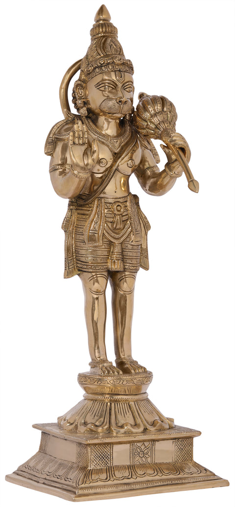 24" Brass Blessing Hanuman Idol Standing on a Tall Lotus Pedestal | Handmade Fine Quality Statue