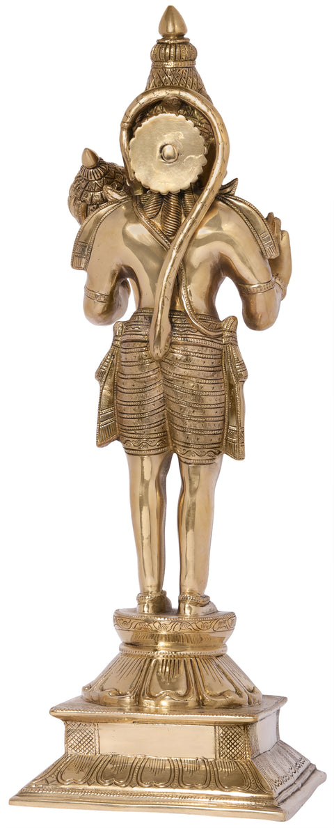 24" Brass Blessing Hanuman Idol Standing on a Tall Lotus Pedestal | Handmade Fine Quality Statue