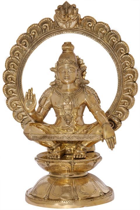 30" Superfine Large Ayyappan with a Lotus Kirtimukha Prabhawali In Brass | Handmade | Made In India