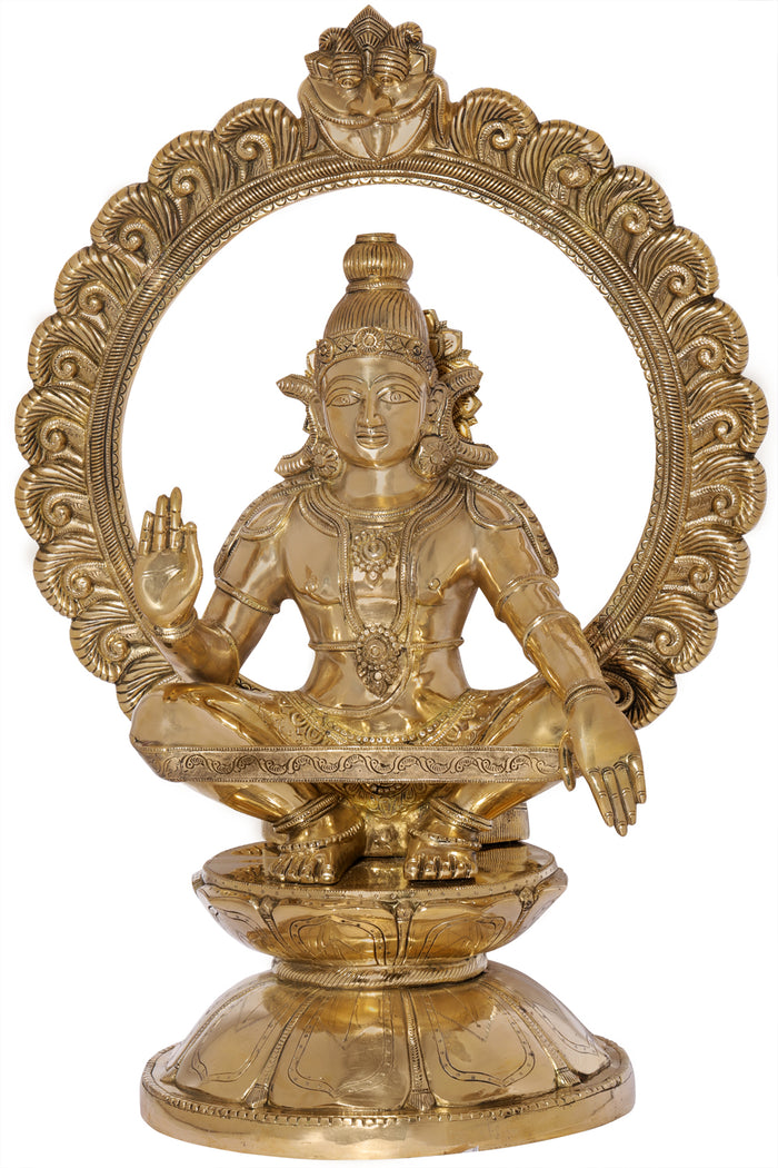 30" Superfine Large Ayyappan with a Lotus Kirtimukha Prabhawali In Brass | Handmade | Made In India