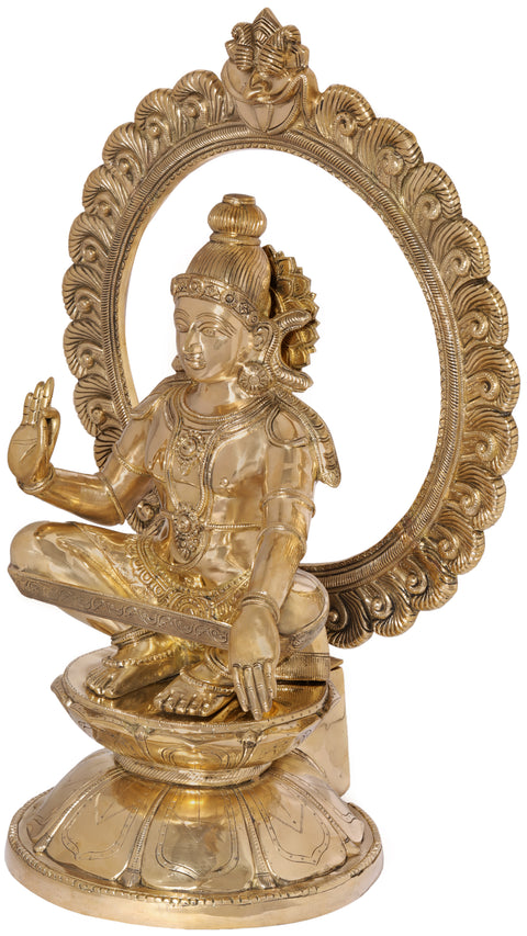 30" Superfine Large Ayyappan with a Lotus Kirtimukha Prabhawali In Brass | Handmade | Made In India