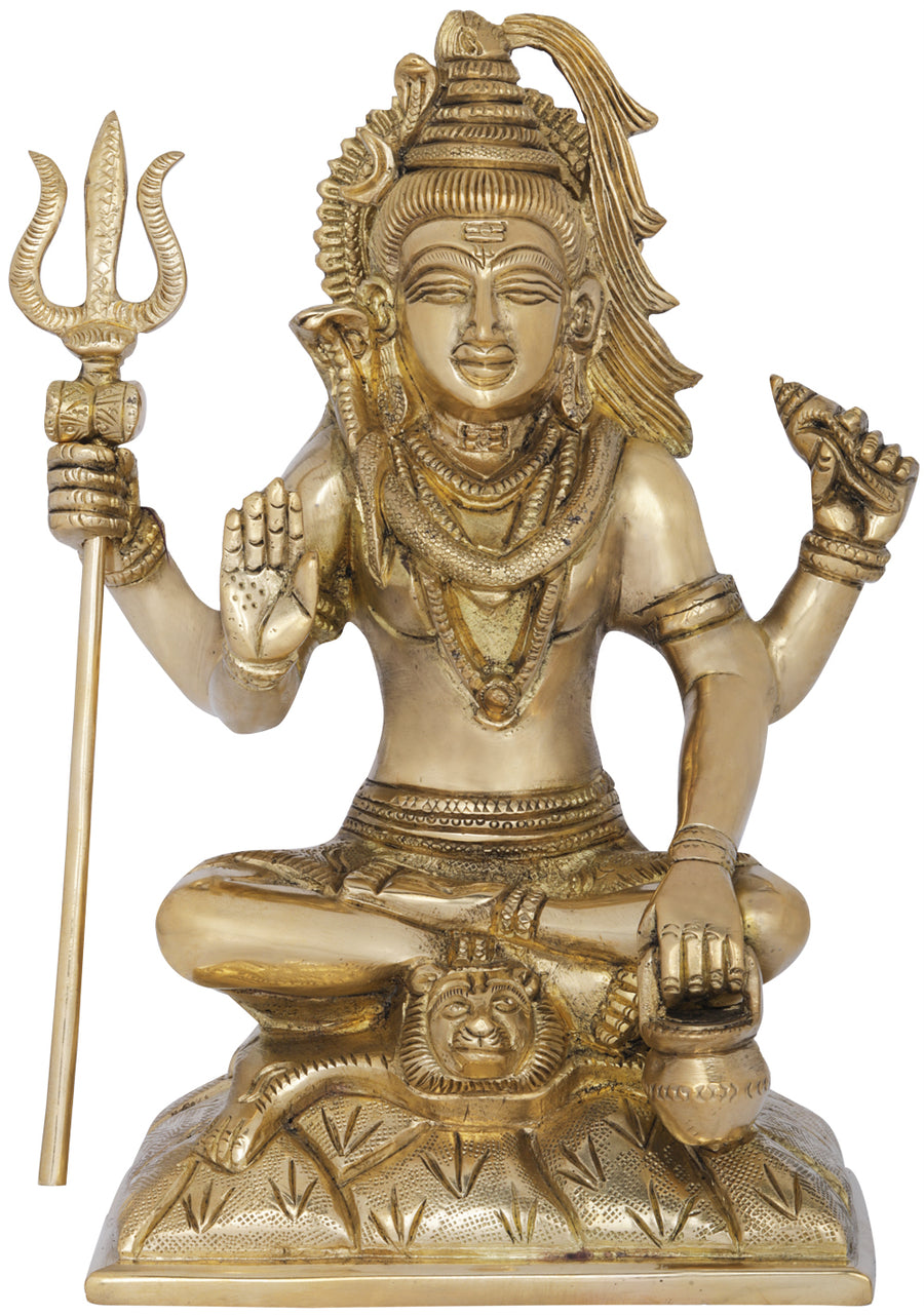 8" Four Armed Seated Shiva Brass Idol Handmade