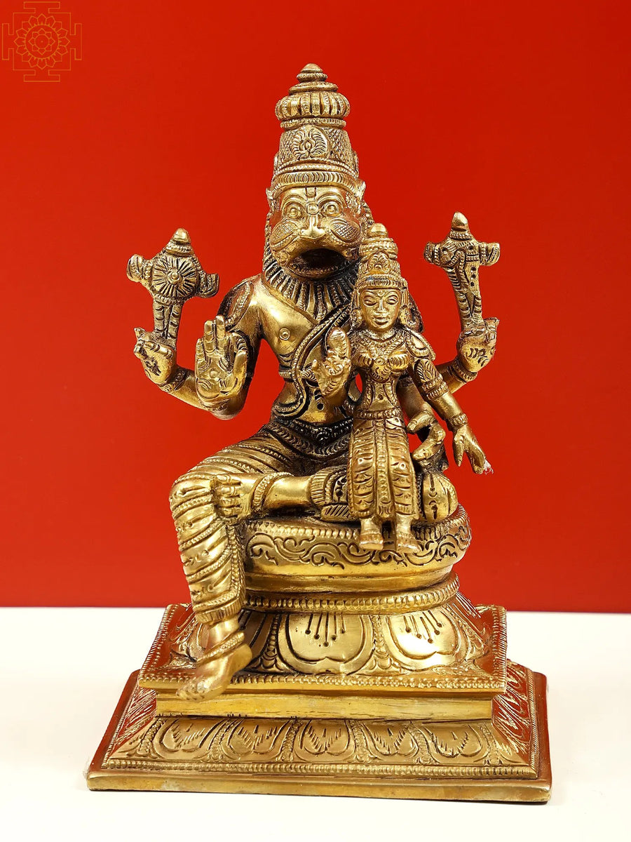 7" Lord Narasimha with Goddess Lakshmi Brass Statue on Pedestal
