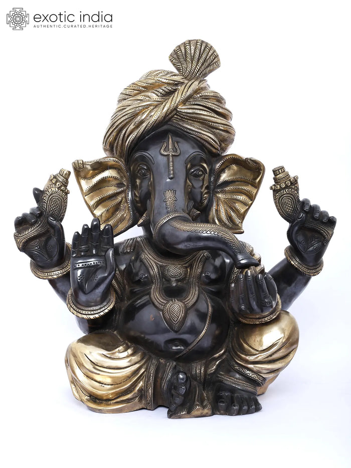 18" Handmade Brass Ganesha Turbaned Statue for Home Pooja Decor