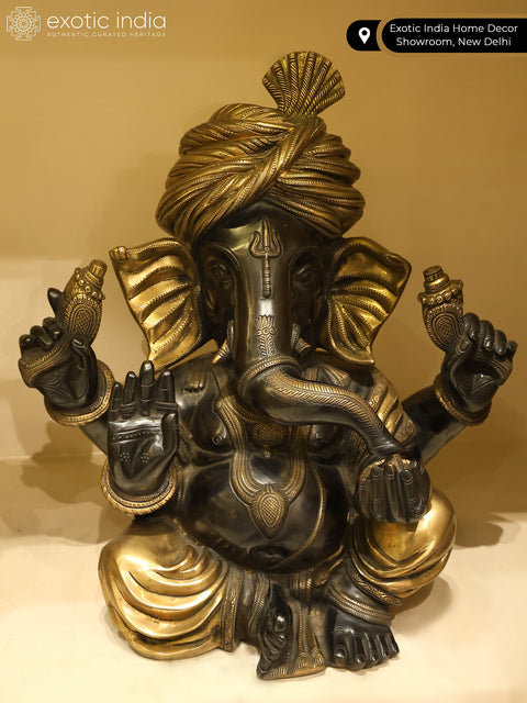 18" Superfine Royal Grandeur of Turbaned Ganesha | Handmade Brass Statue
