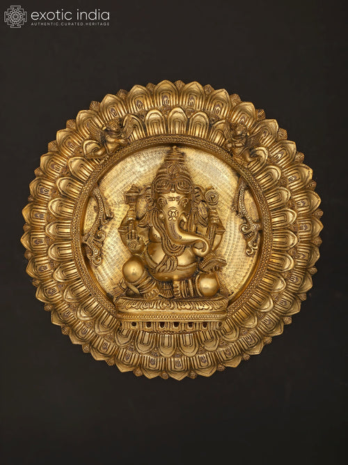 10" Lord Ganesha Brass Wall Hanging with Lotus Plate