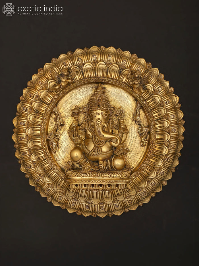 10" Lord Ganesha Brass Wall Hanging with Lotus Plate