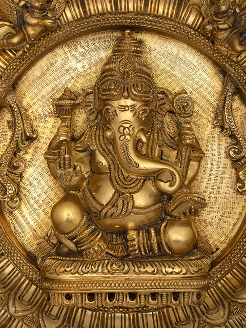 10" Lord Ganesha Wall Hanging Lotus Plate In Brass