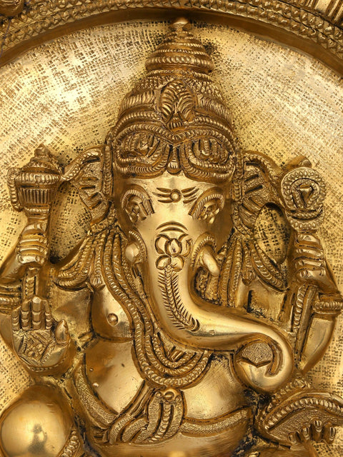 10" Lord Ganesha Wall Hanging Lotus Plate In Brass
