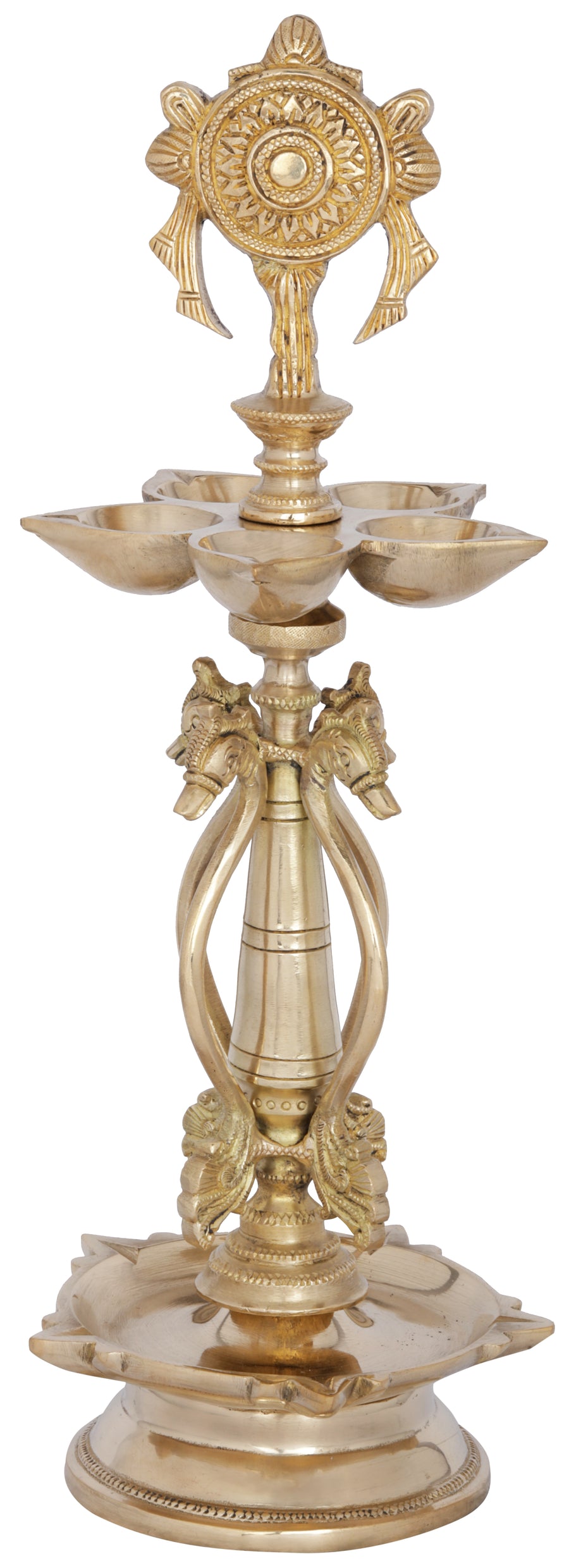 14" Handmade Brass Ten Wick Vaishnava Lamp with Vishnu Chakra