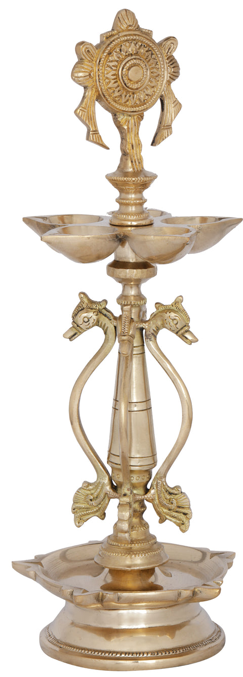 14" Ten Wicks Vaishnava Lamp with Vishnu Chakra in Brass | Handmade | Made in India
