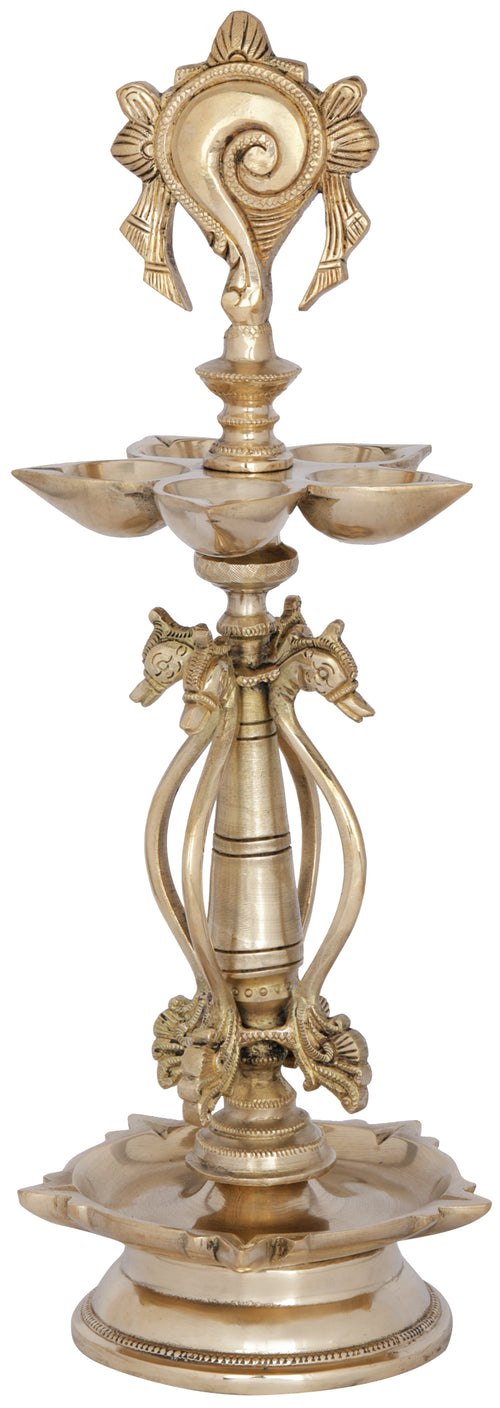 15" Brass Ten Wicks Vaishnava Lamp with Vishnu Conch Handmade
