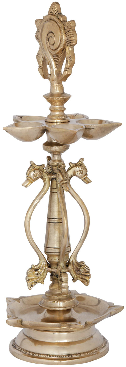 15" Ten Wicks Vaishnava Lamp with Vishnu Conch in Brass | Handmade | Made in India