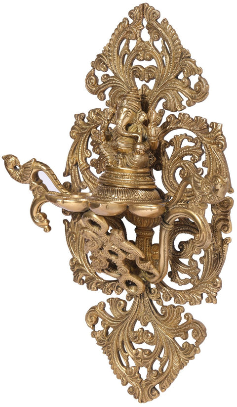 12" Ganesha-Parrot Lamp Against a Leaf-Like Groovy Backdrop | Handmade Brass Wall Hanging Diya