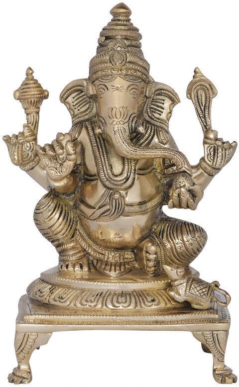 9" Lord Ganesha in Royal Ease Posture Seated on a Chowki In Brass | Handmade | Made In India