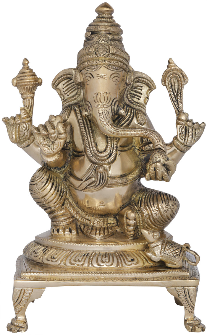 9" Lord Ganesha in Royal Ease Posture Seated on a Chowki In Brass | Handmade | Made In India