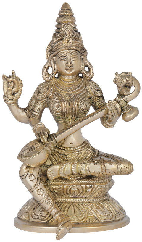 7" Saraswati - The Hindu Goddess of Wisdom In Brass | Handmade | Made In India