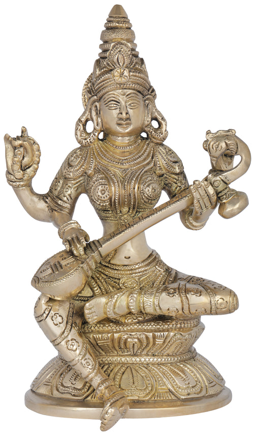 7" Saraswati Brass Idol - Hindu Goddess of Wisdom Handmade
