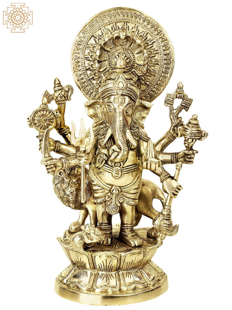 11" Brass Drishti Ganapati Handmade Statue with Serpents Aureole