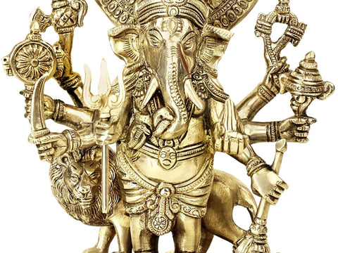 11" Brass Drishti Ganapati Statue with Serpents Aureole | Handmade | Made in India