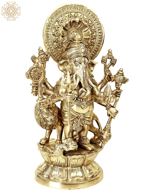 11" Brass Drishti Ganapati Statue with Serpents Aureole | Handmade | Made in India
