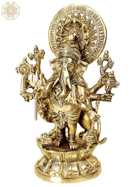 11" Brass Drishti Ganapati Statue with Serpents Aureole | Handmade | Made in India