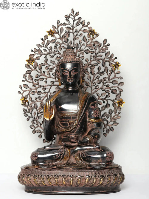 20" Brass Shakyamuni Buddha Statue Preaching Dharma with Bodhi Tree