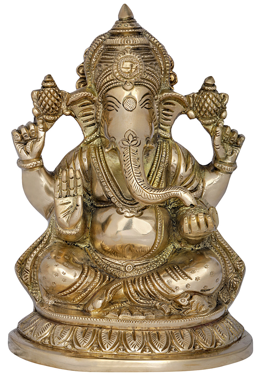 7" Handmade Chaturbhuja Ashirwad Ganesha Brass Statue