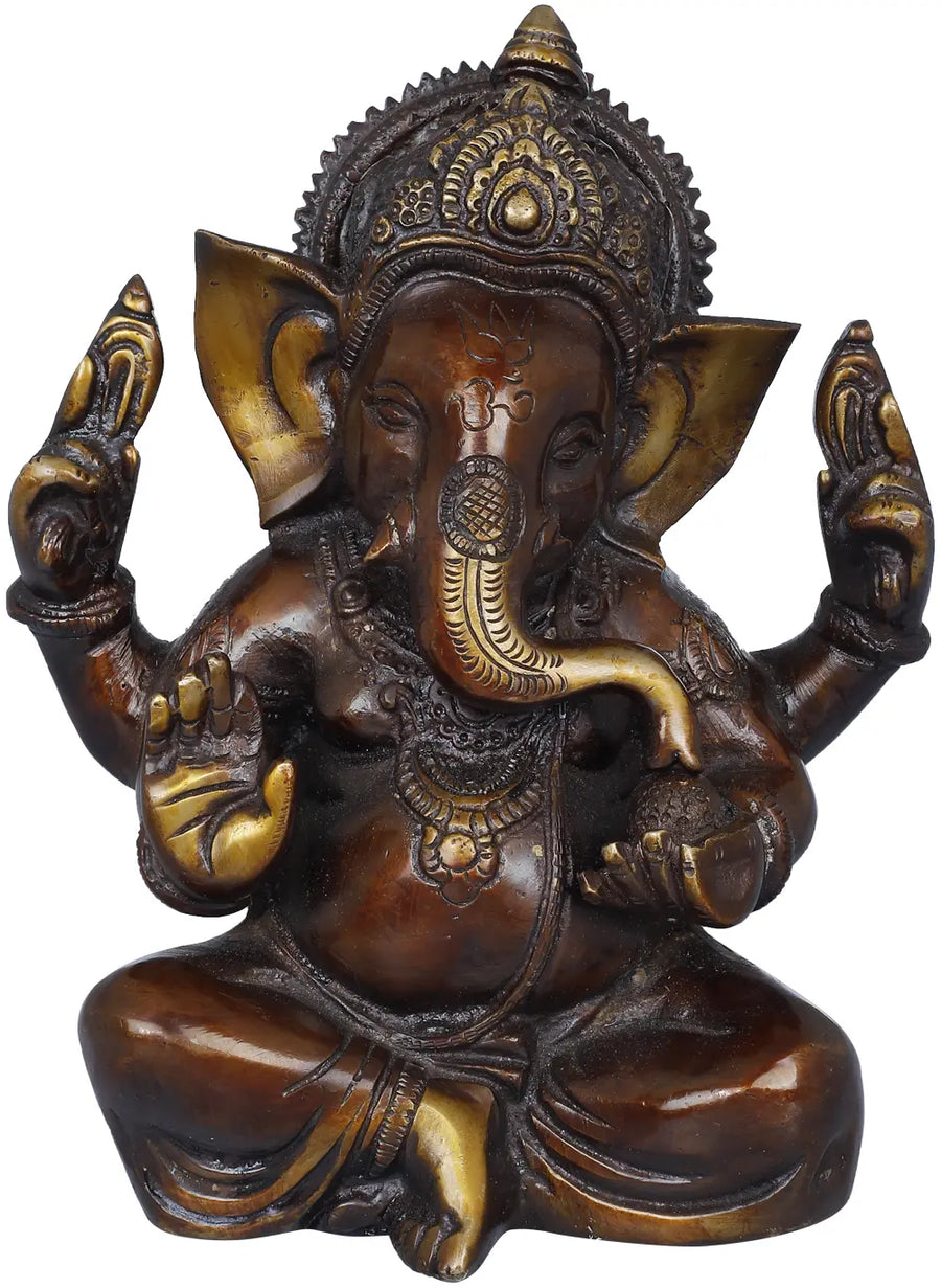 6" Seated Ganesha Brass Statue Handmade