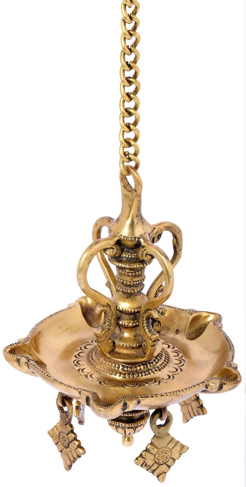 6" Brass Five Wicks Roof Hanging Lamp with Diamond Shaped Danglers
