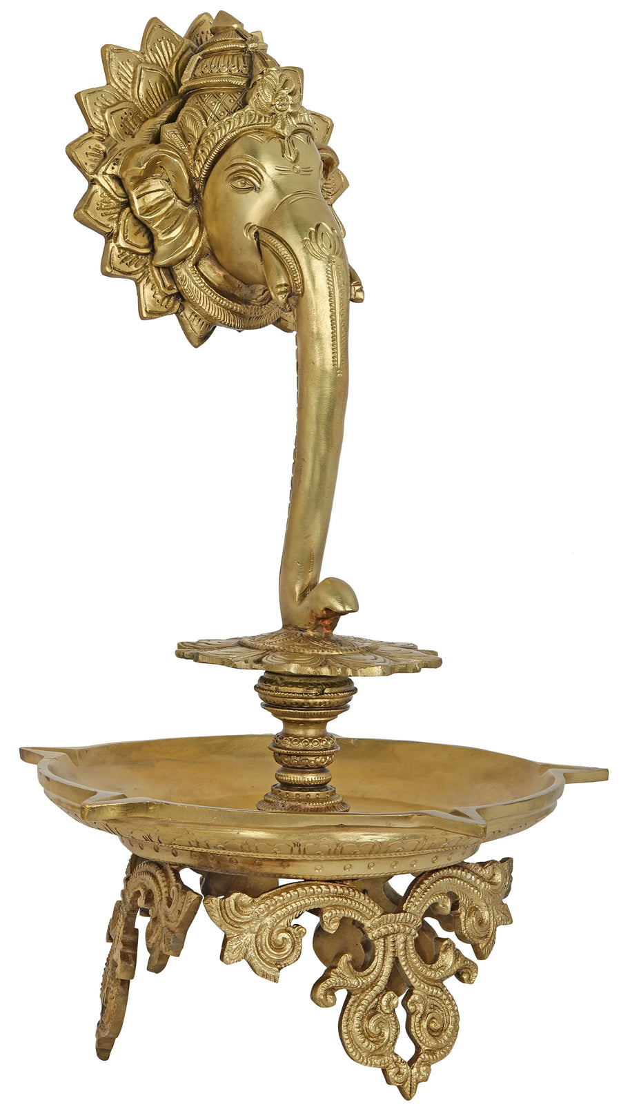 16" Handmade Brass Ganesha Diya Lamp with Flower Halo and Five Wicks
