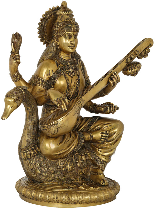 24" Devi Saraswati Handcrafted Brass Statue for Home Pooja