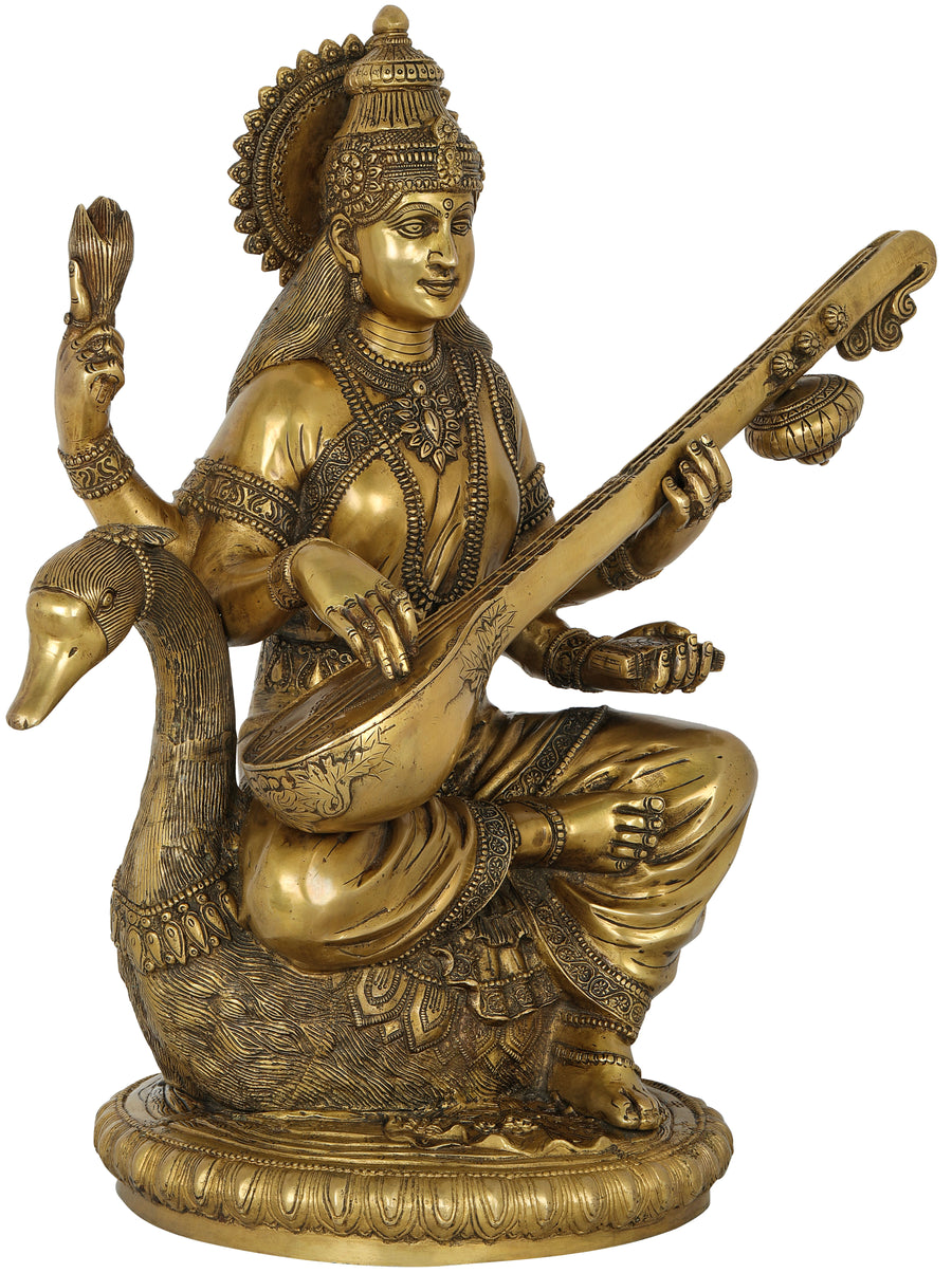 24" Devi Saraswati Handcrafted Brass Statue for Home Pooja