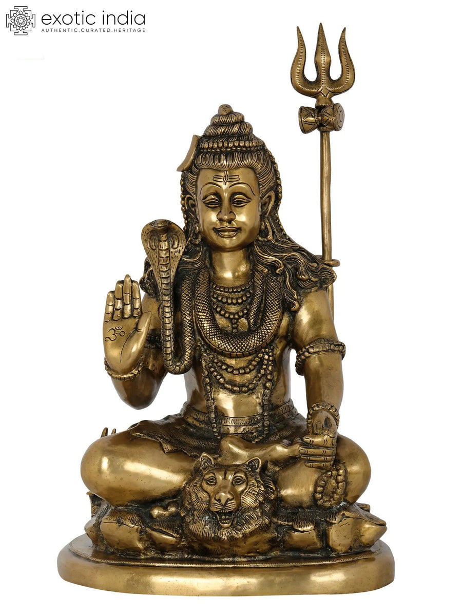 21" Handmade Seated Shiva with Nandi Brass Statue for Pooja