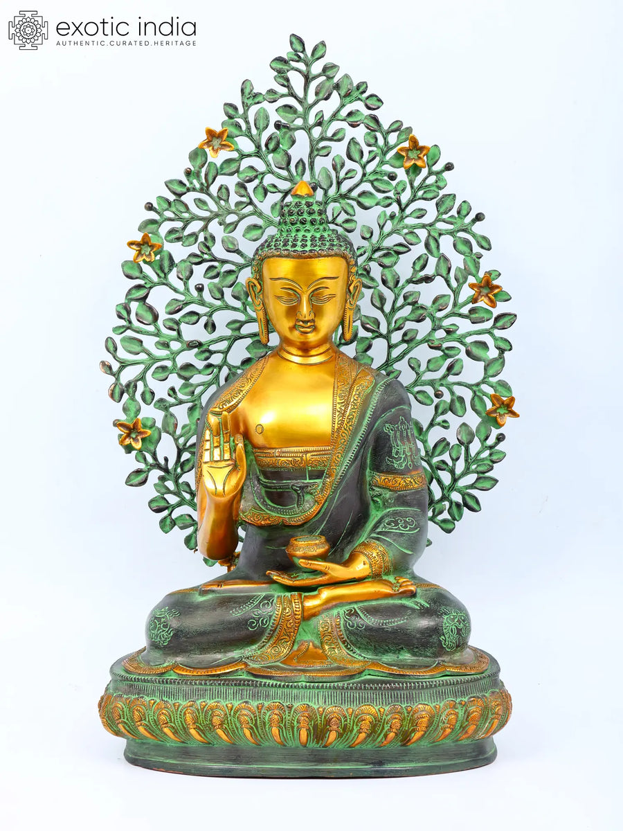 Brass Gautam Buddha with Bodhi Tree Handmade Sculpture for Home Decor