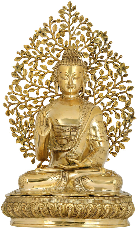 Superfine Brass Sculpture of Gautam Buddha with Bodhi Tree in Preaching Posture