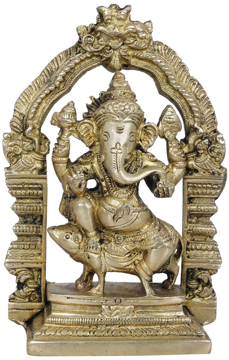5" Brass Lord Ganesha Idol with Mouse and Kirtimukha Throne