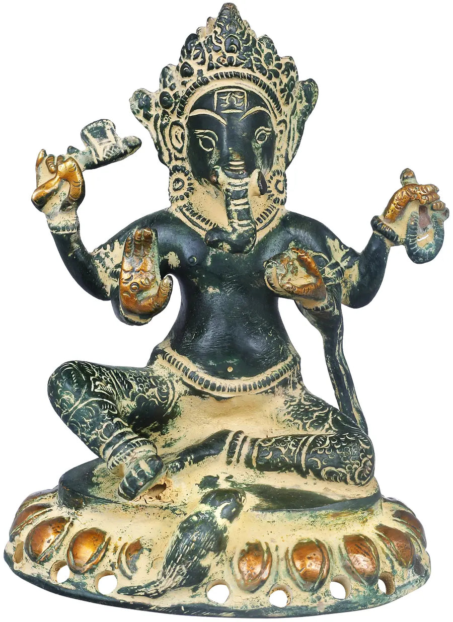 5" Brass Chaturbhuja Ganesha Statue Seated on Lotus Handmade