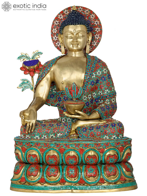 37" Myrobalan Buddha Inlaid Brass Statue Handcrafted Idol