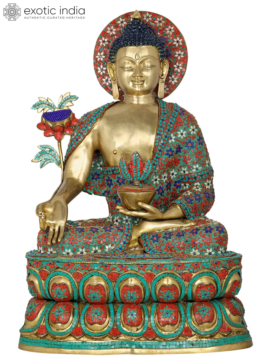 37" Myrobalan Buddha Inlaid Brass Statue Handcrafted Idol