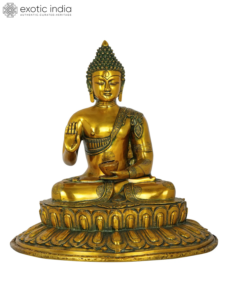 22" Blessing Buddha on Lotus Pedestal Brass Statue Handmade