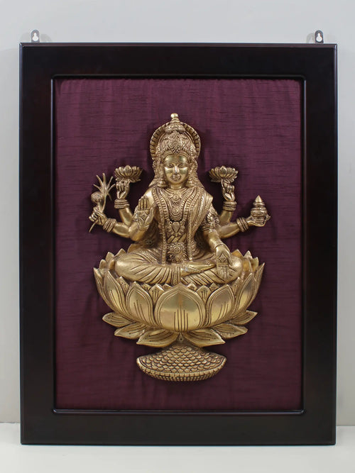29" Dhanalakshmi Brass Wall Hanging Seated on Lotus with Frame