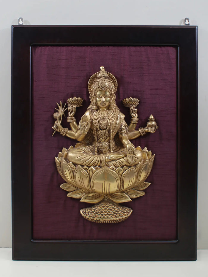 29" Dhanalakshmi Brass Wall Hanging Seated on Lotus with Frame
